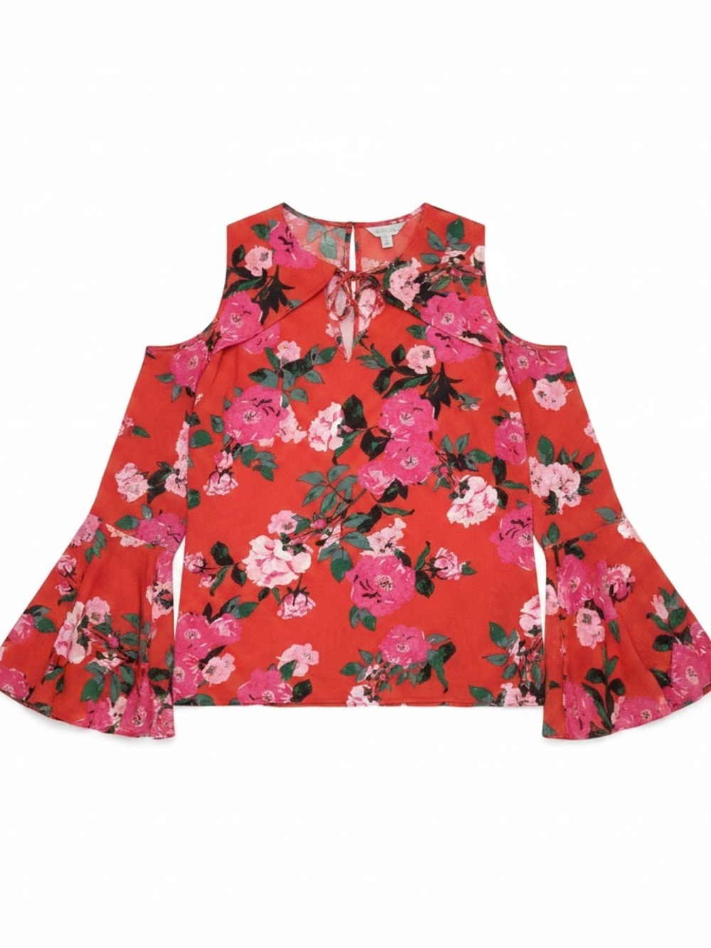 belle sky Cold-Shoulder Floral Blouse - Red Pink